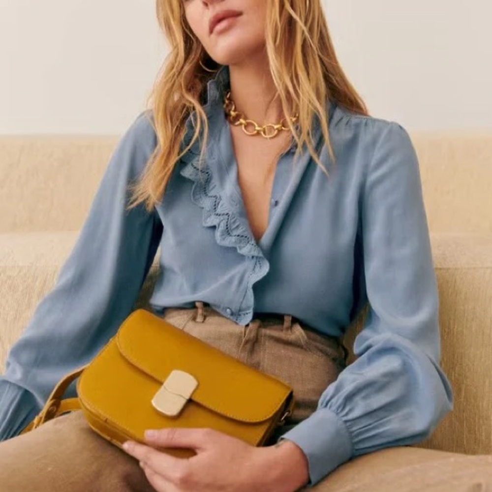 Sezane Vintage Blue Chlo Silk Blouse